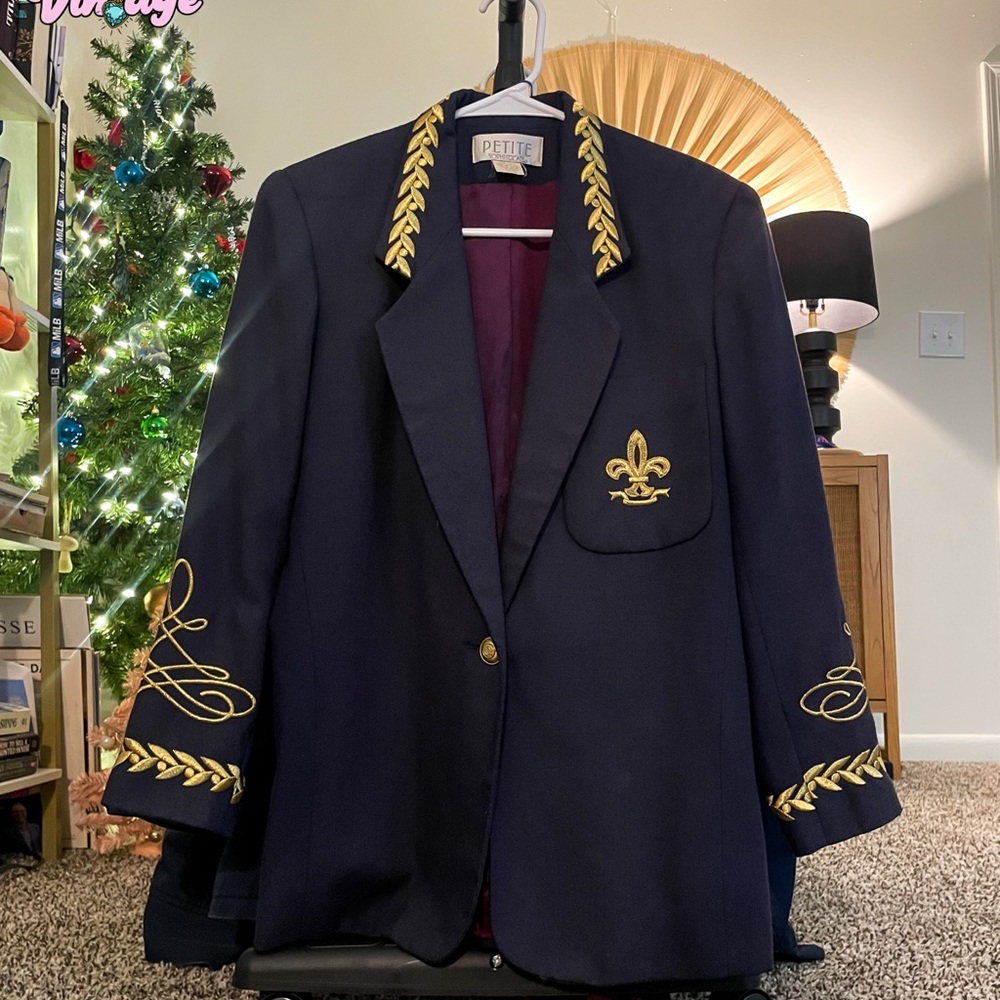 Vintage Embroidered Navy Blazer with Gold Accents